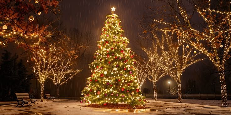 Beautifully lit outdoor Christmas tree with red and gold ornaments surrounded by fairy-lit trees in a snowy park at night.