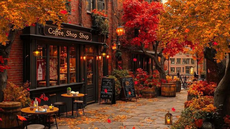 Cozy autumn coffee shop exterior with red foliage, warm string lights, and outdoor seating on a charming brick sidewalk.