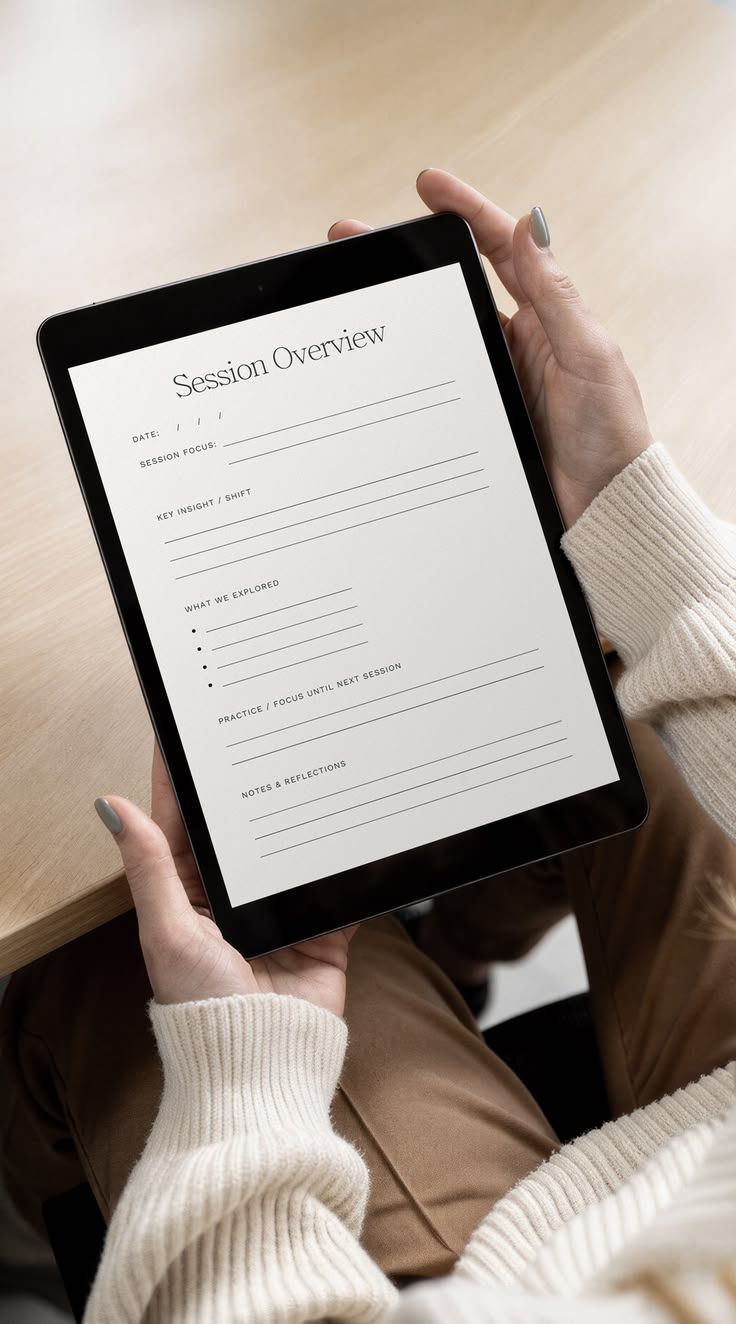 Hands holding tablet showing digital session overview form.