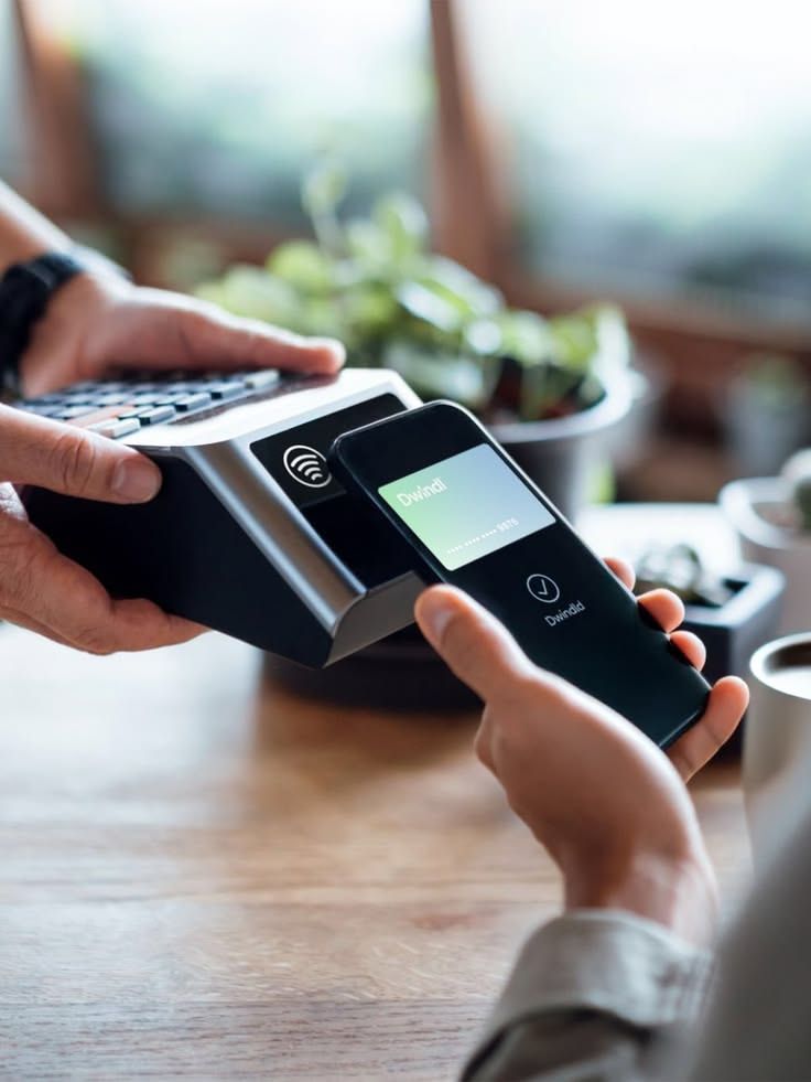 Person making contactless payment with smartphone on card reader terminal.