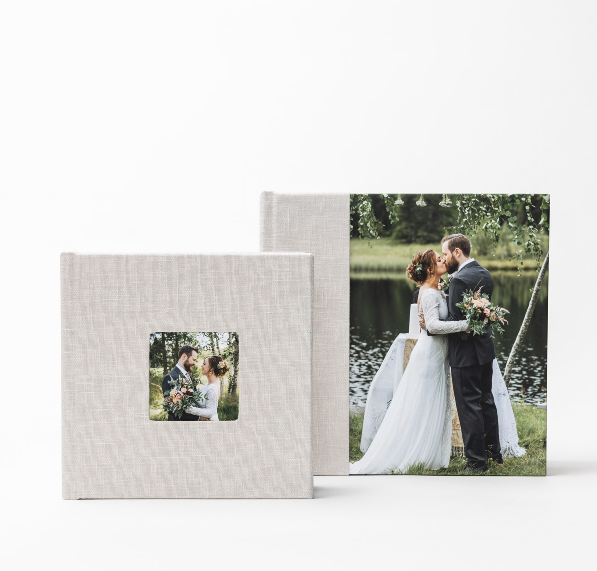 Clean and modern wedding album design showing a horizontal layout with romantic photography and white space.