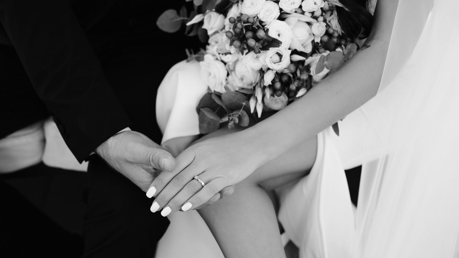 Wedding photography sequence showing hands and bouquet details in black and white.
