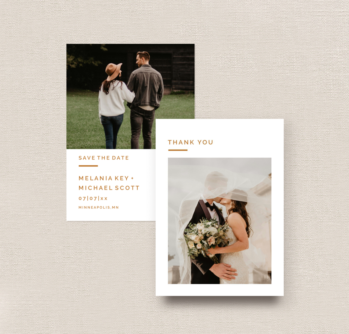 Minimalist wedding stationery layout featuring romantic couple photos and elegant typography on a light background.