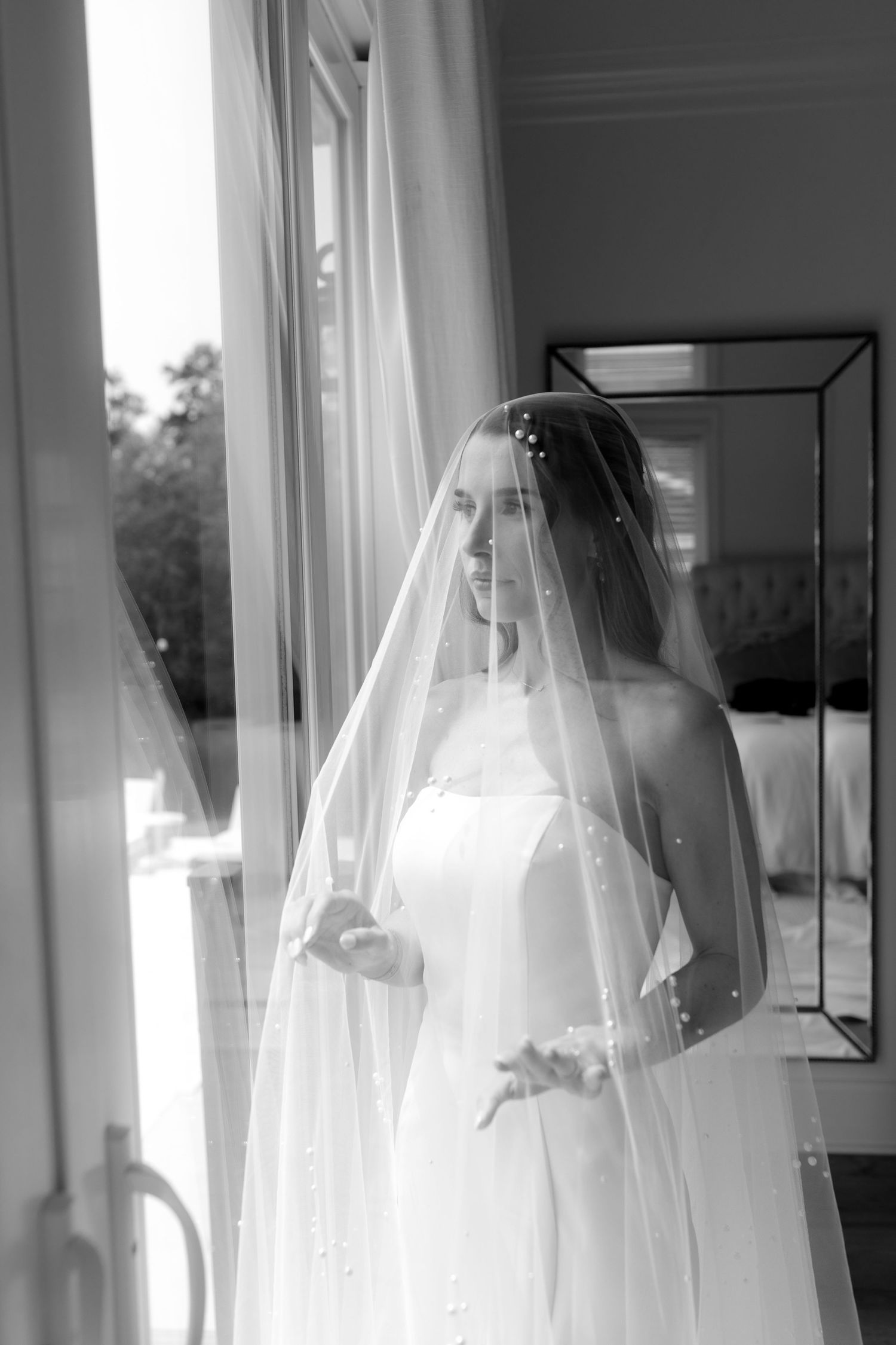 Moody black and white bridal portrait at Lake Murray South Carolina lakeside wedding
