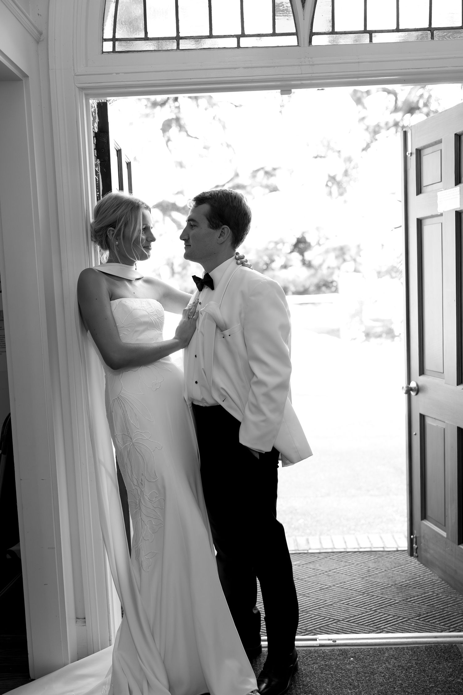 Romantic black and white portrait of couple at St Marys Catholic Church Johns Island South Carolina