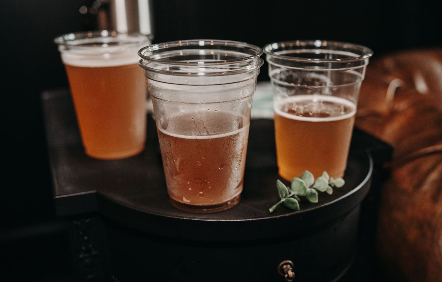 Four glasses of craft beer on a wooden serving tray with eucalyptus garnish.