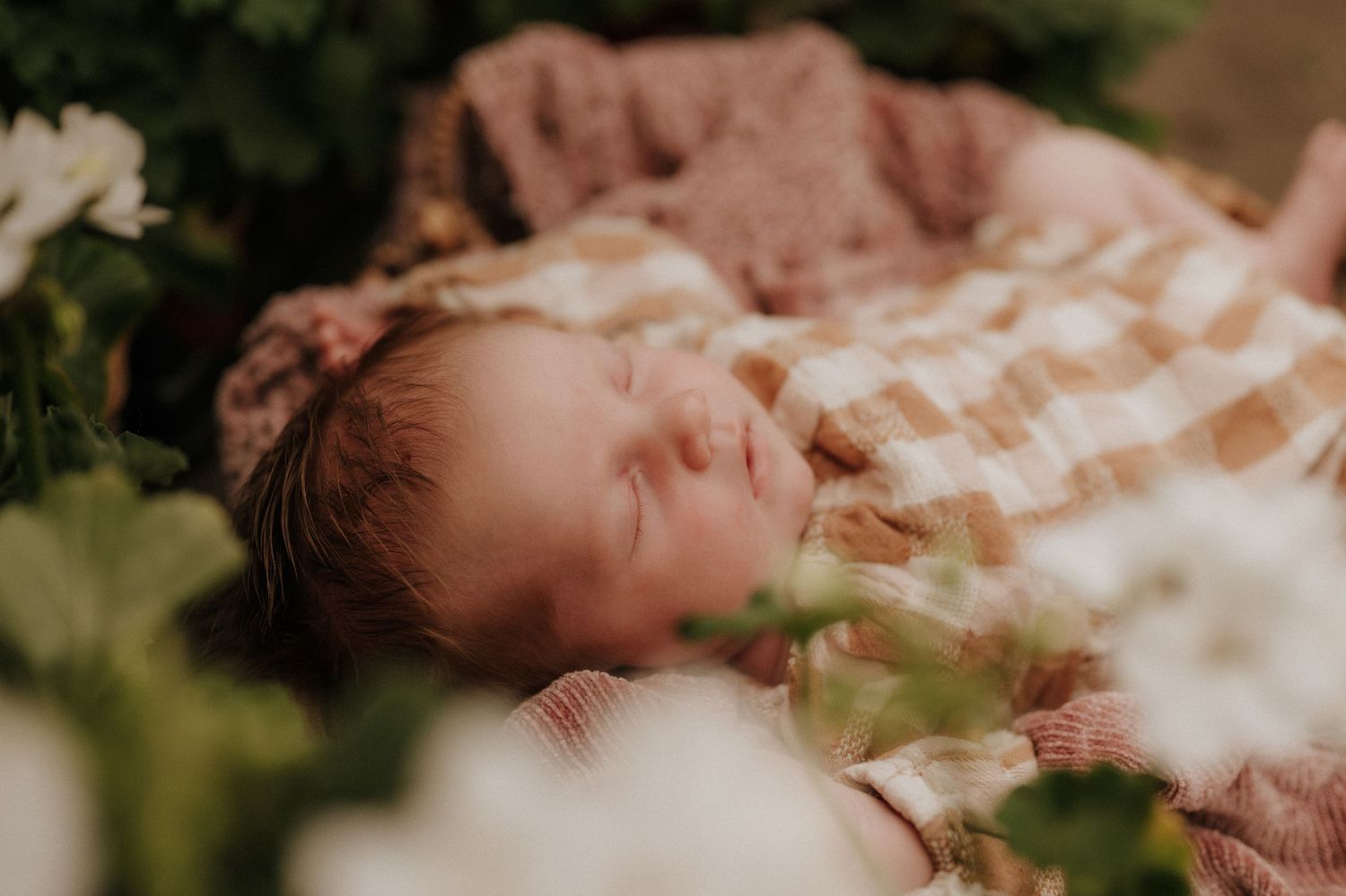 Peaceful sleeping baby photographed with plaid fabric and floral garden backdrop.