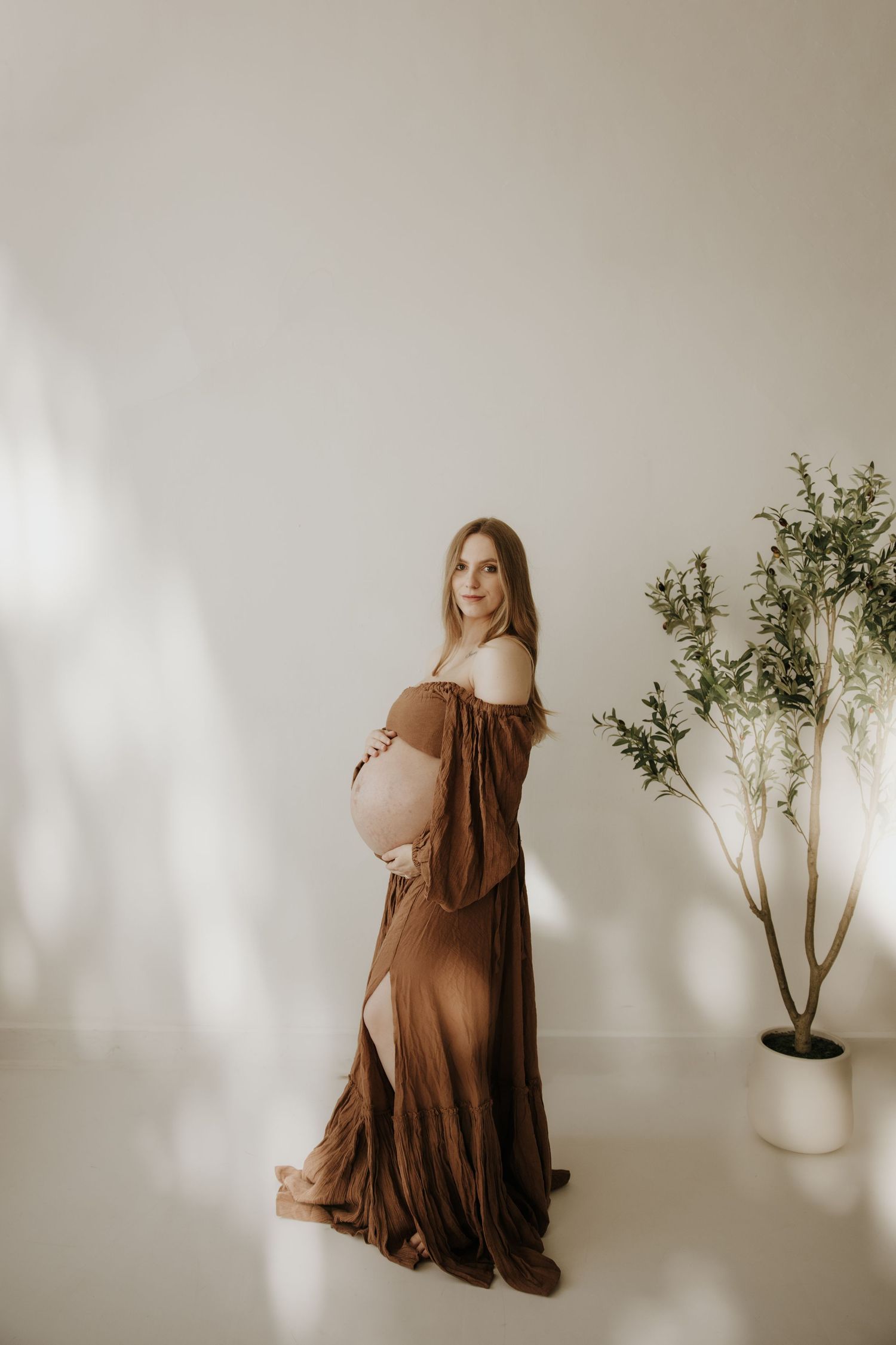 Ethereal maternity portraits in flowing brown dress with potted plant decor against white wall.