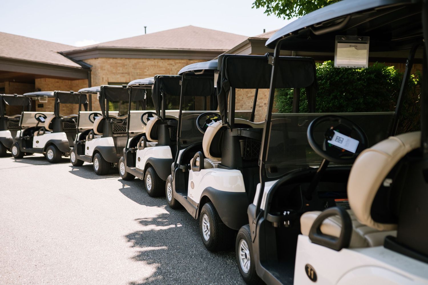 Row of golf carts parked outside a country club building on a sunny day.