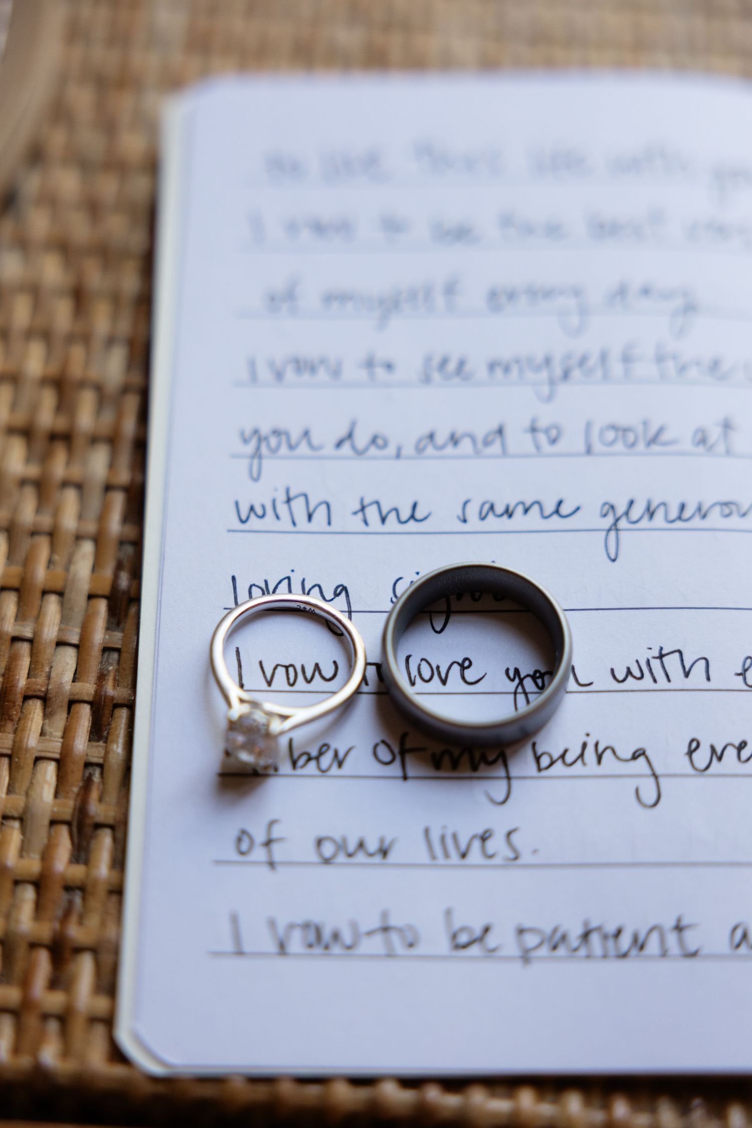 A series of close-up shots showing handwritten text and wedding rings on a woven textured surface.