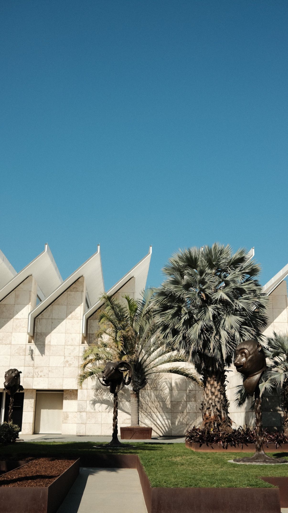 Modern white pointed architecture with palm trees against bright blue sky.
