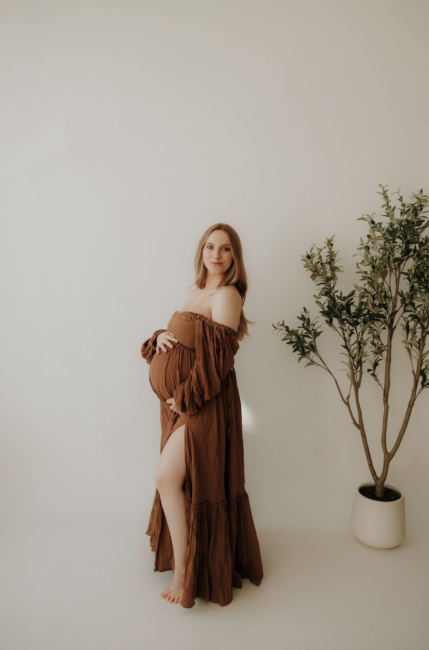 Artistic maternity photos in brown dress with indoor plant styling and natural lighting.