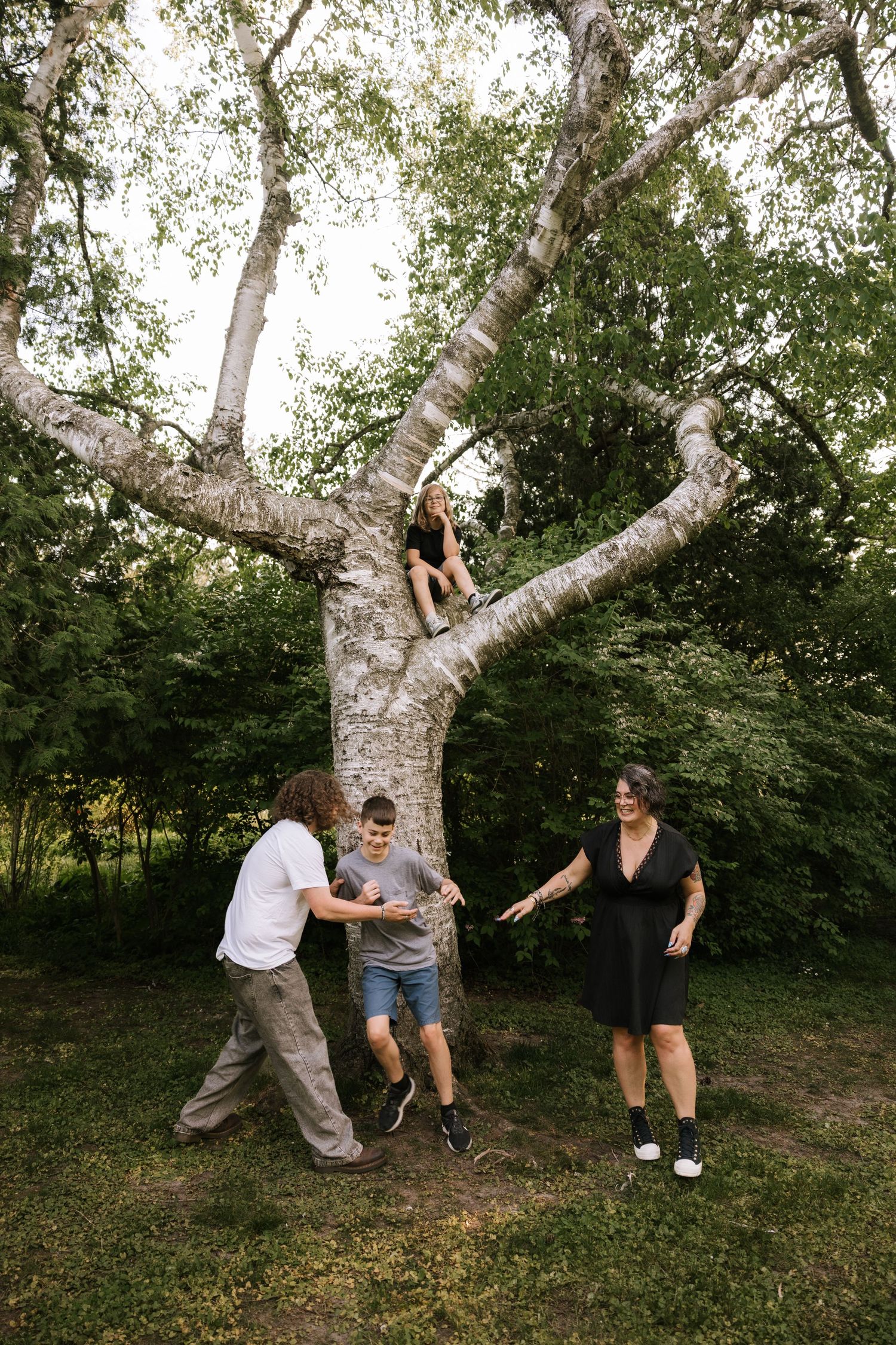 Family plays and climbs a large tree in a green outdoor park setting.
