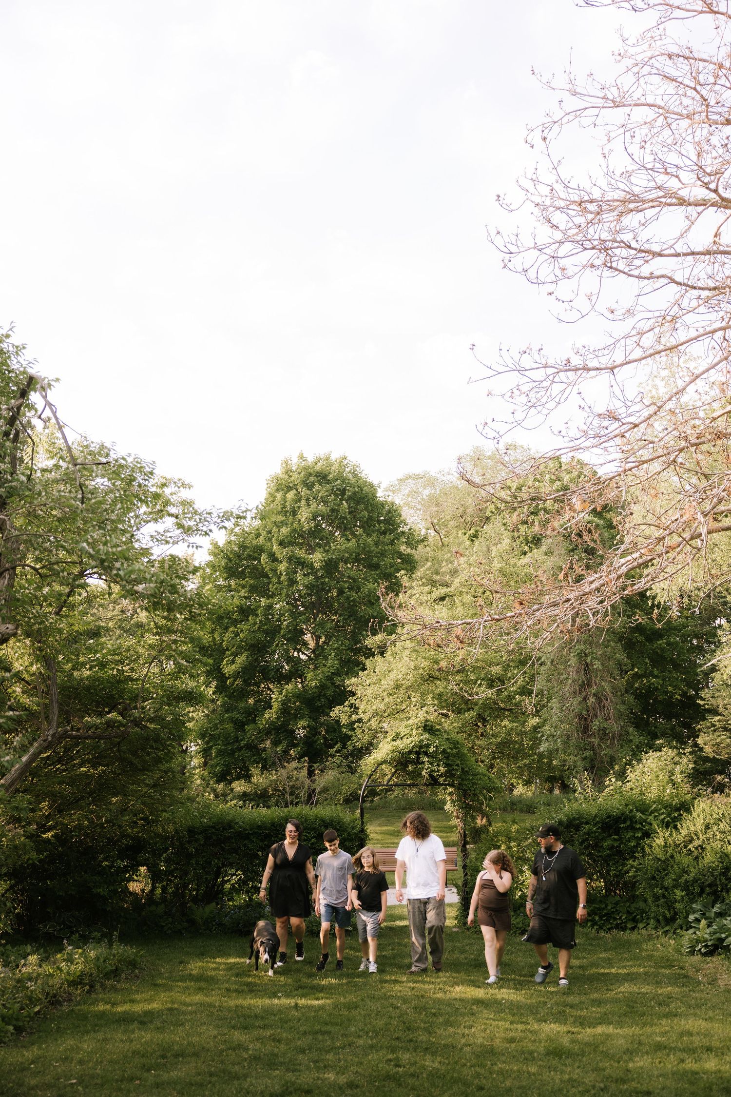 Group of people walking together on green grass in a lush park surrounded by tall trees on a bright day.