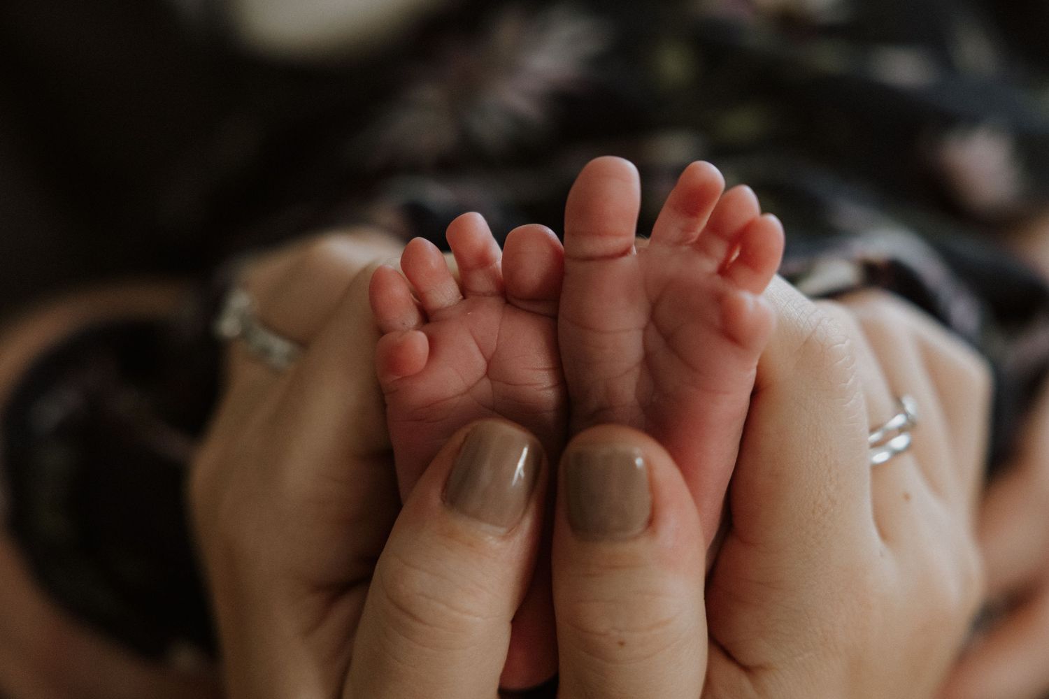 Close up of tiny newborn baby feet and toes against a soft white background.