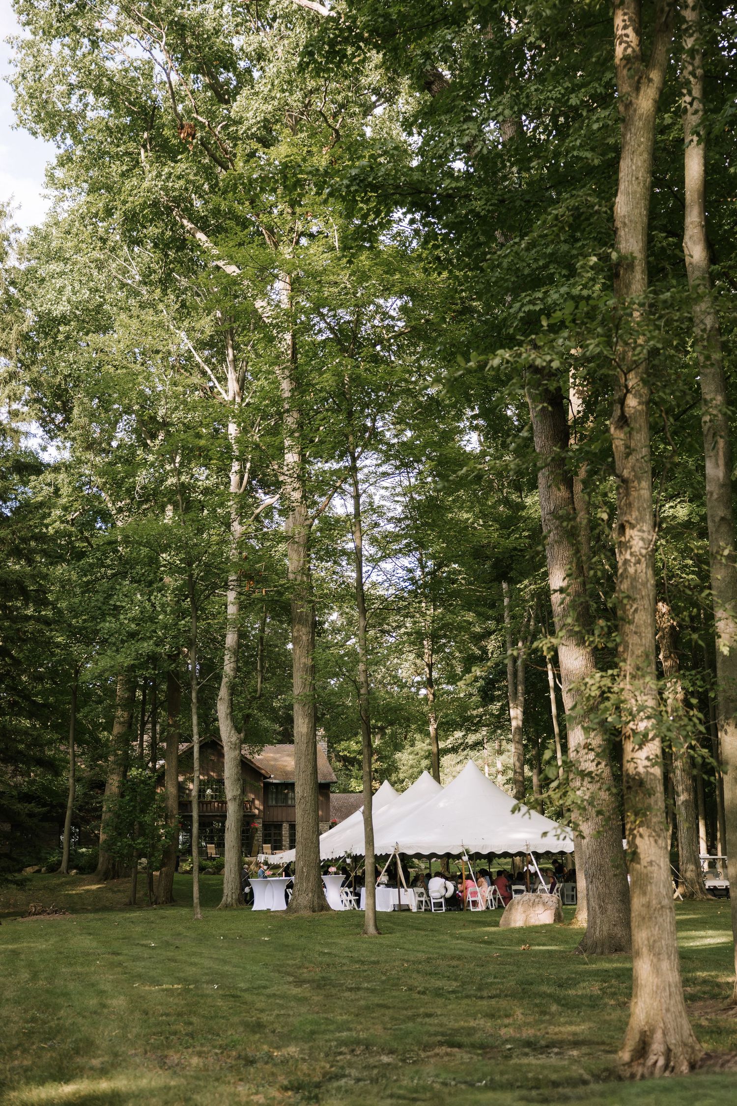 White wedding tents set up among tall trees in a serene forest setting.