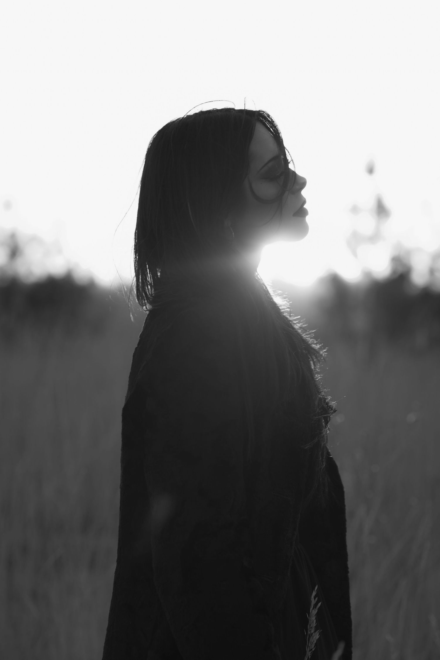 Silhouetted figure against sunset sky creating a dramatic mood in tall grass.