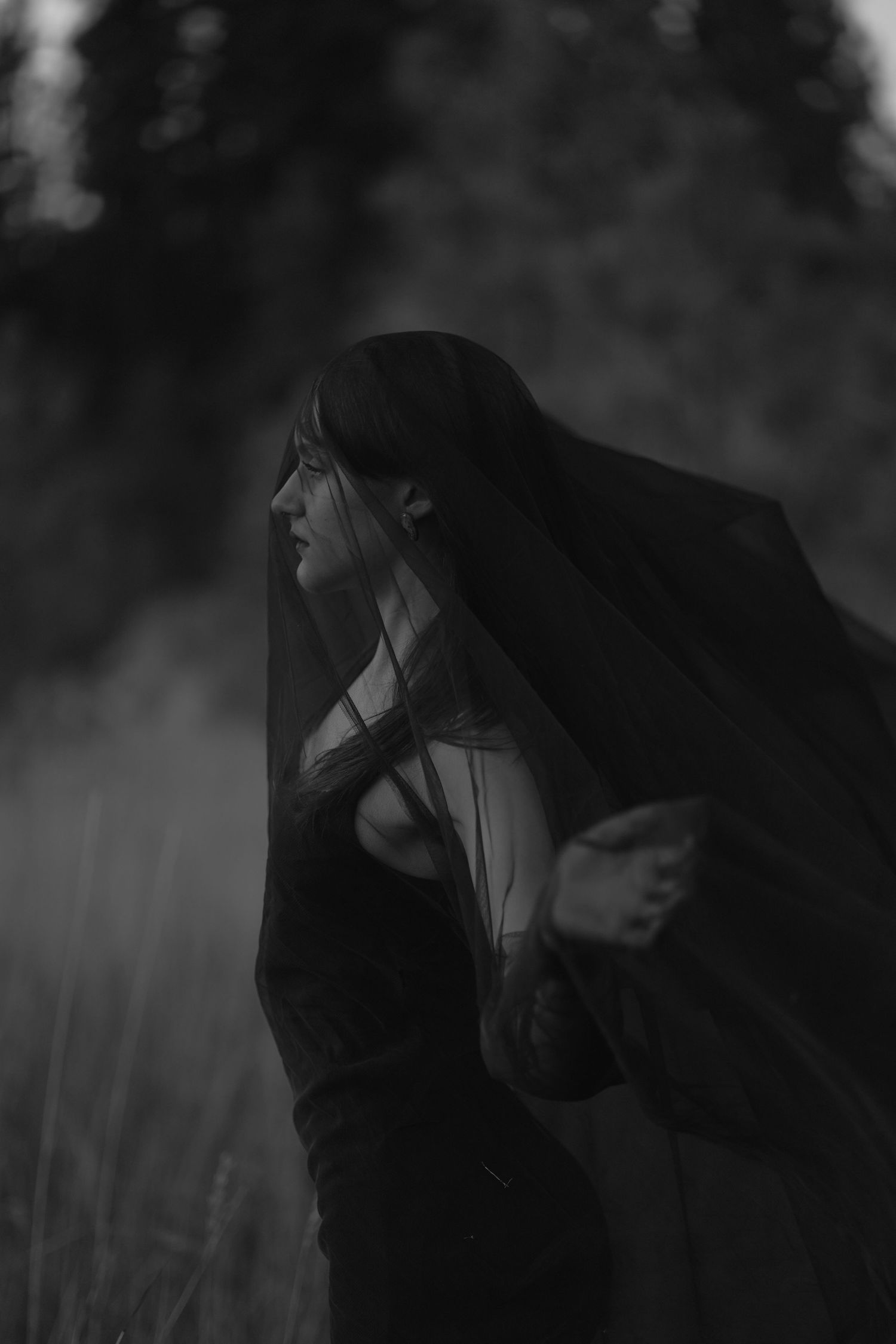 Moody black and white portrait series in a natural outdoor setting with flowing fabric.