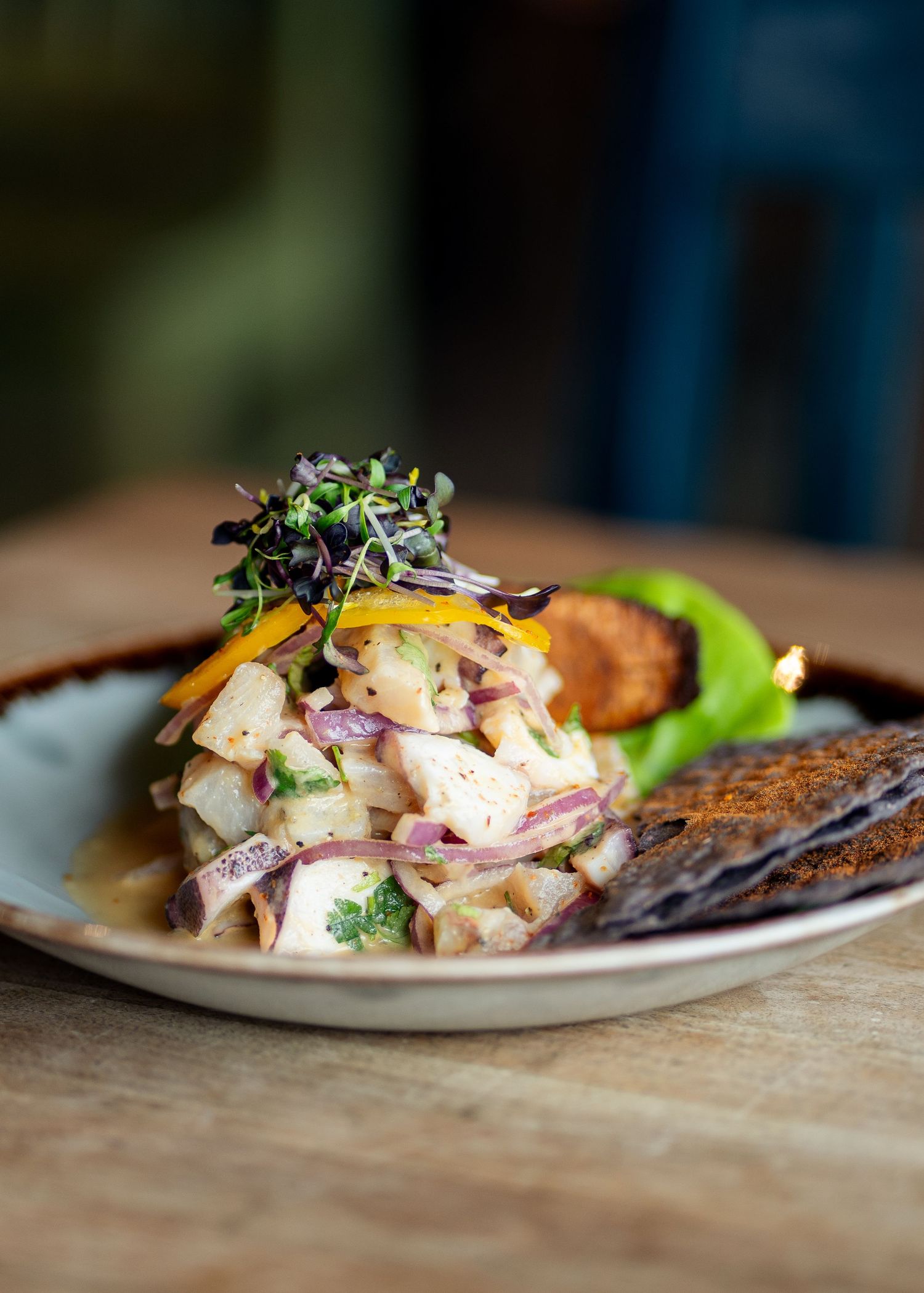 Fresh ceviche with diced fish, red onion, yellow pepper, microgreens, served with dark crackers and lettuce on a ceramic plate.