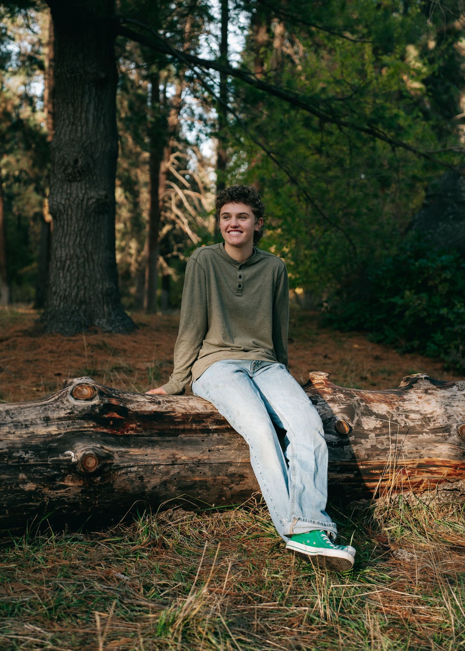 Person sitting casually on fallen log in pine forest during outdoor photoshoot.