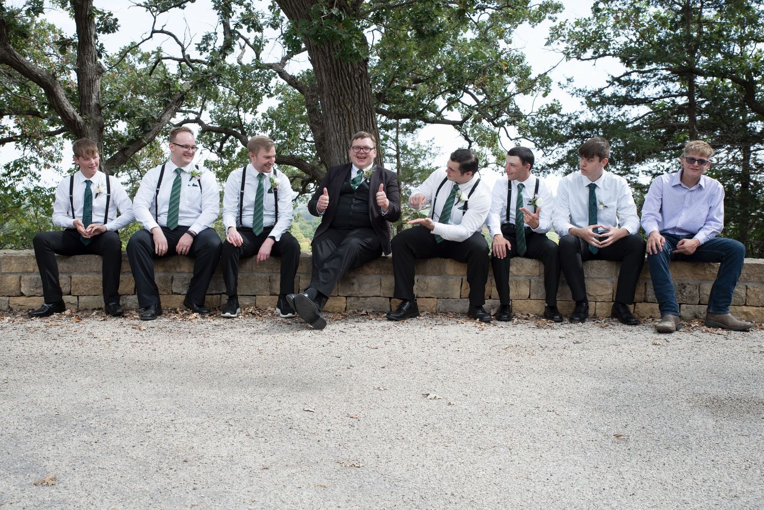 Groomsmen in white shirts with green ties and suspenders sit relaxed on stone wall under large tree in Lanesboro MN.