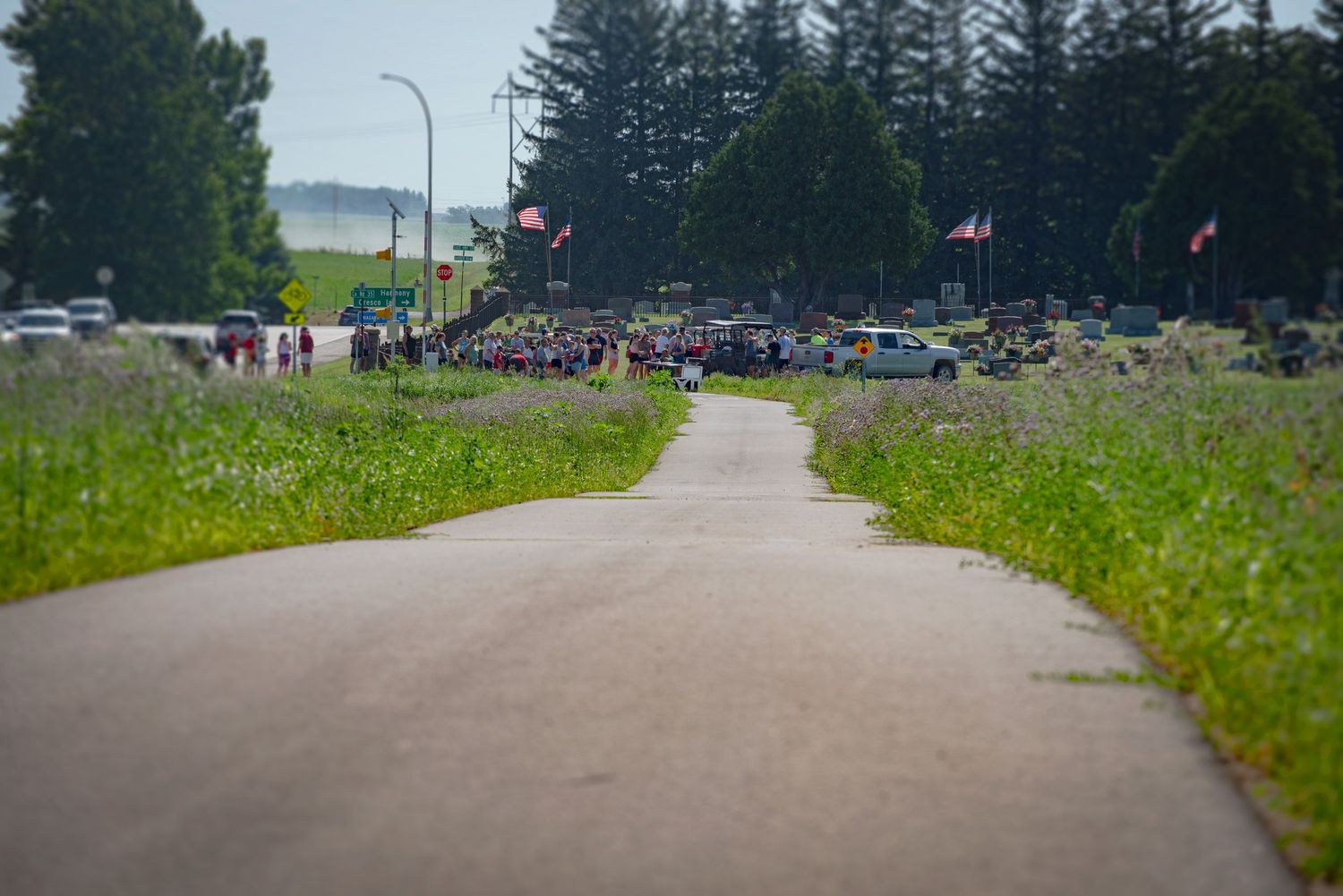 Long pathway leading to large crowd gathered near road with American flags on sunny summer day at Harmony MN 4th of July Celebration..