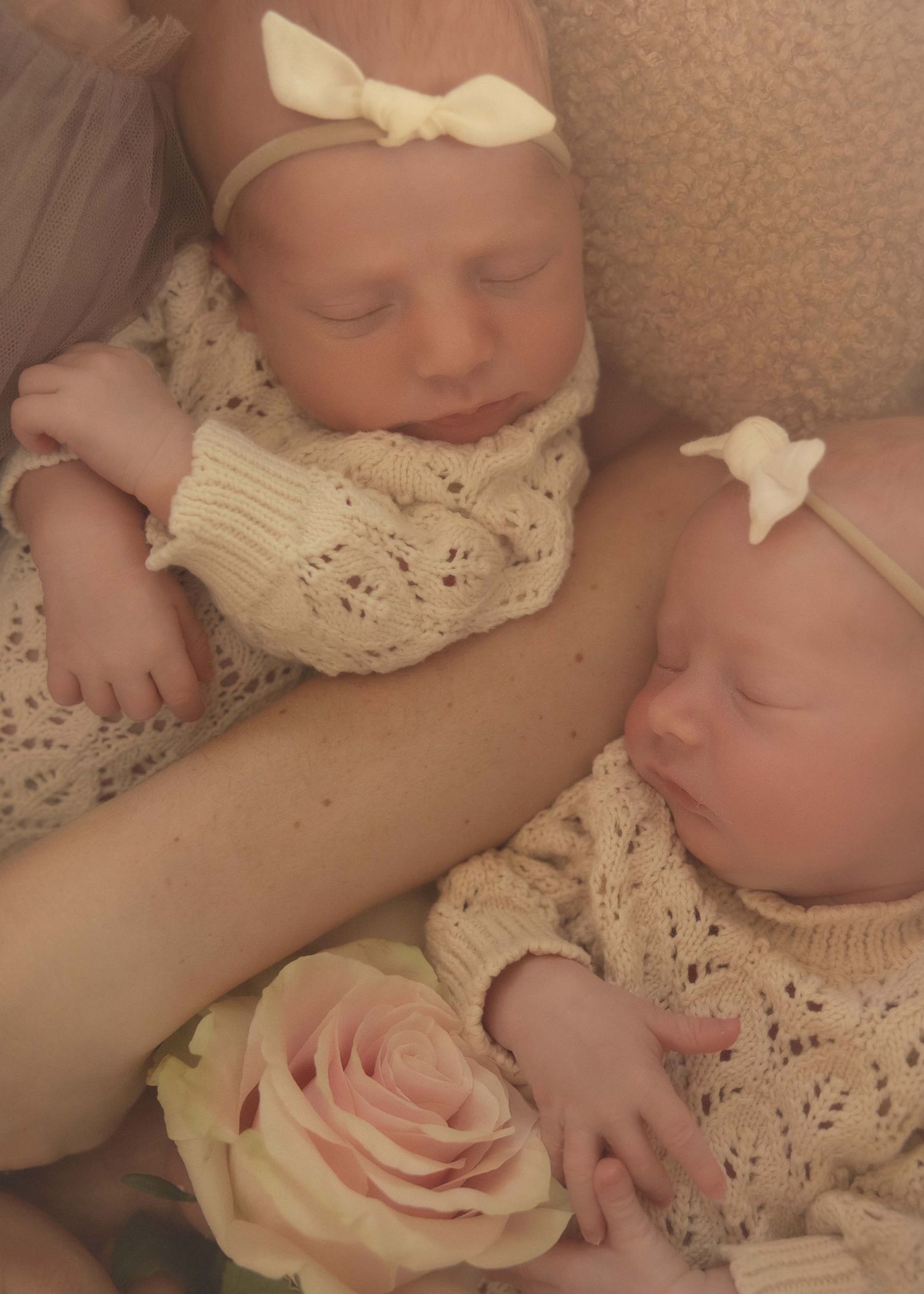 Two sleeping newborn twins in matching cream knit outfits with white bow headbands, cradled together with a pink rose.