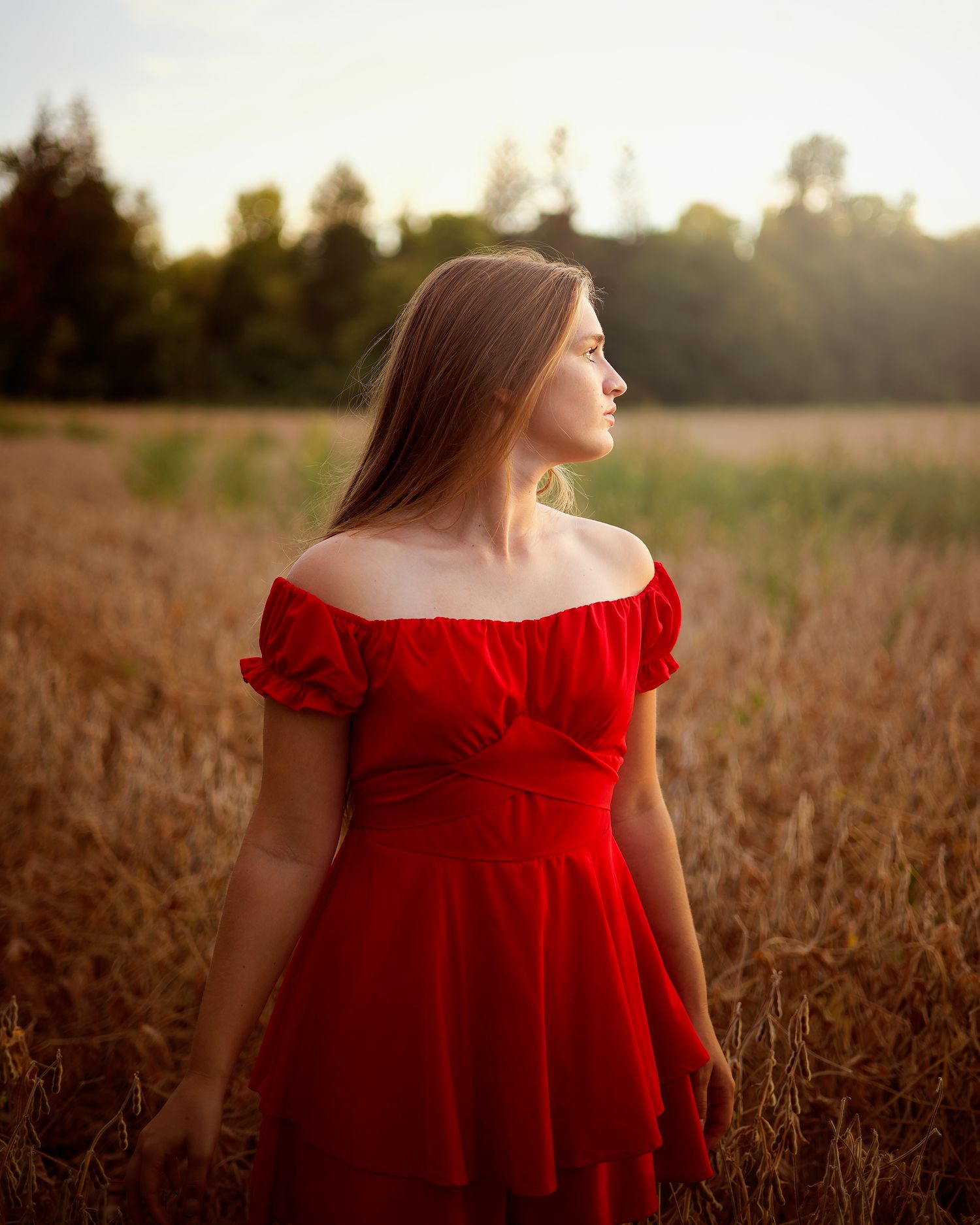 Young woman in red off-shoulder dress standing in golden field at sunset with trees in background.