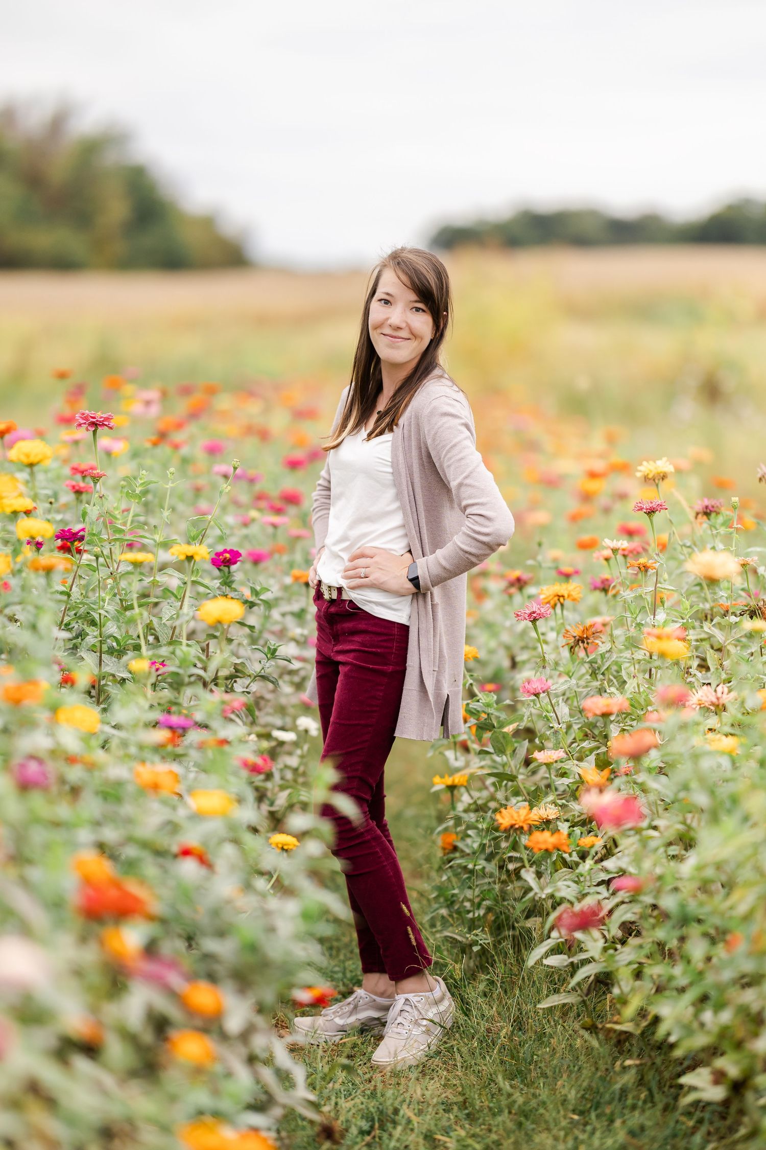 A colorful wildflower garden blooms with orange and yellow zinnias in a sunny meadow.