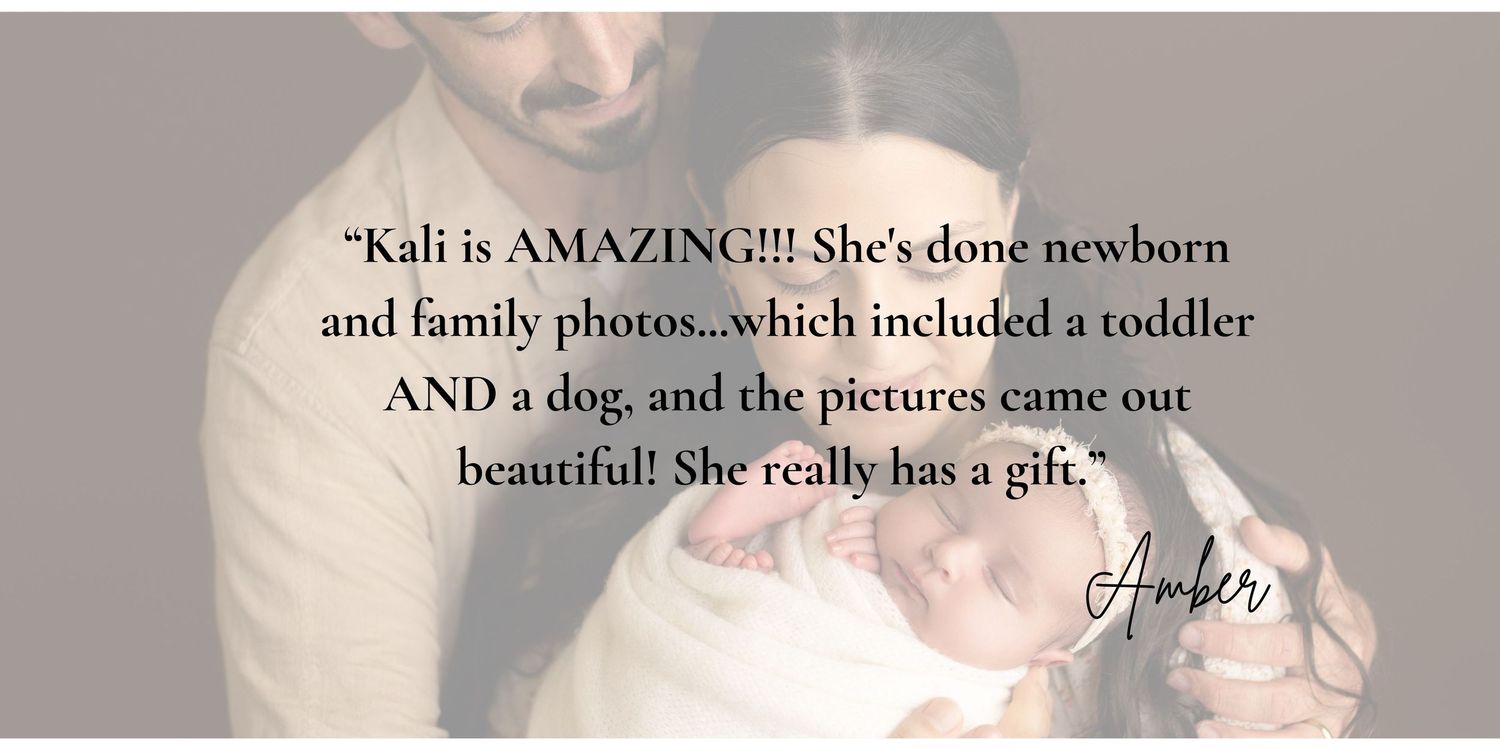 Client testimonial from Amber praising Kali's newborn and family photography skills, including toddler and dog photos. Texarkana TX