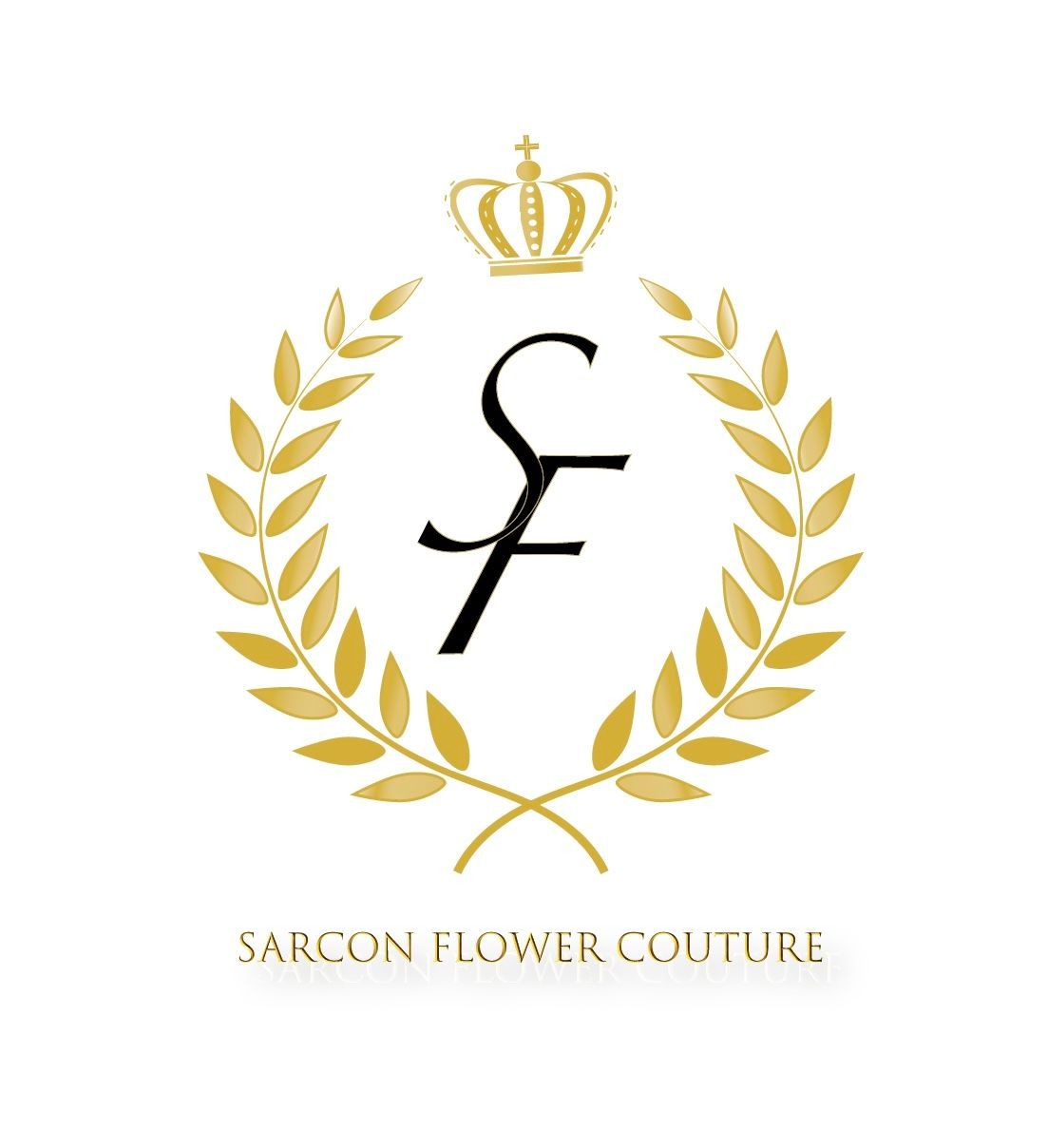 Gold and black logo design for Sarcon Flower Couture featuring a crown and laurel wreath.