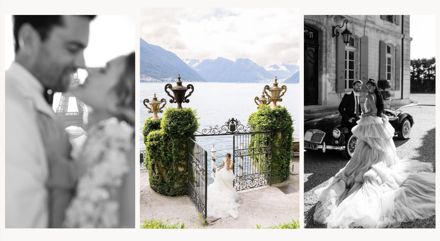 Three romantic wedding photos showing a couple in black and white, a lakeside gate with mountains, and a flowing white dress.