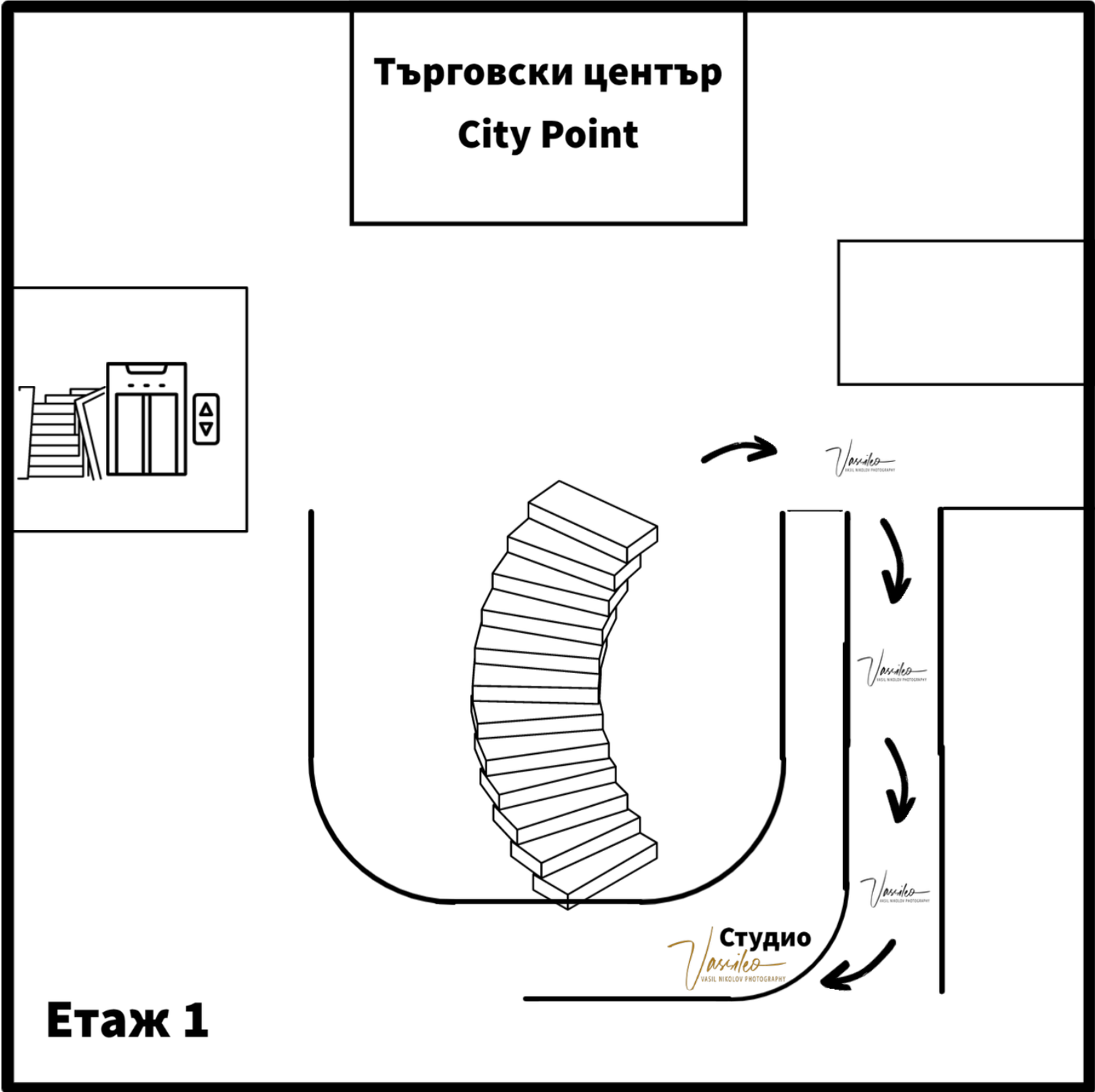 Floor plan of City Point shopping center first floor with arrows guiding visitors past the stairs to the studio.