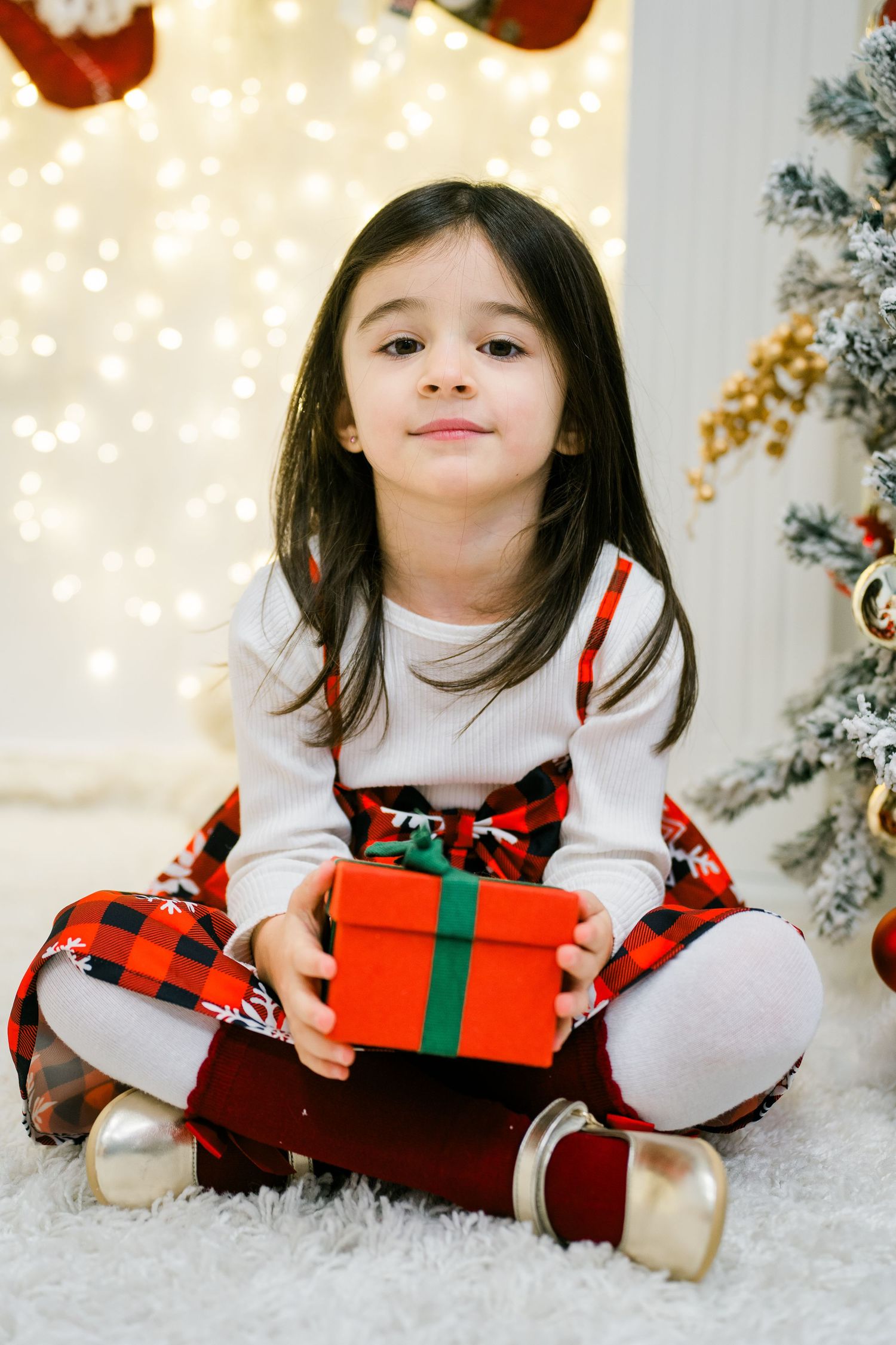 Little girl in a red plaid dress sits on a fluffy rug holding a red gift box with a green ribbon beside a Christmas tree.