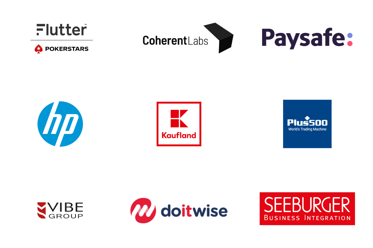 Grid of company logos including Flutter, Coherent Labs, Paysafe, HP, Kaufland, Plus500, Vibe Group, doitwise and Seeburger.