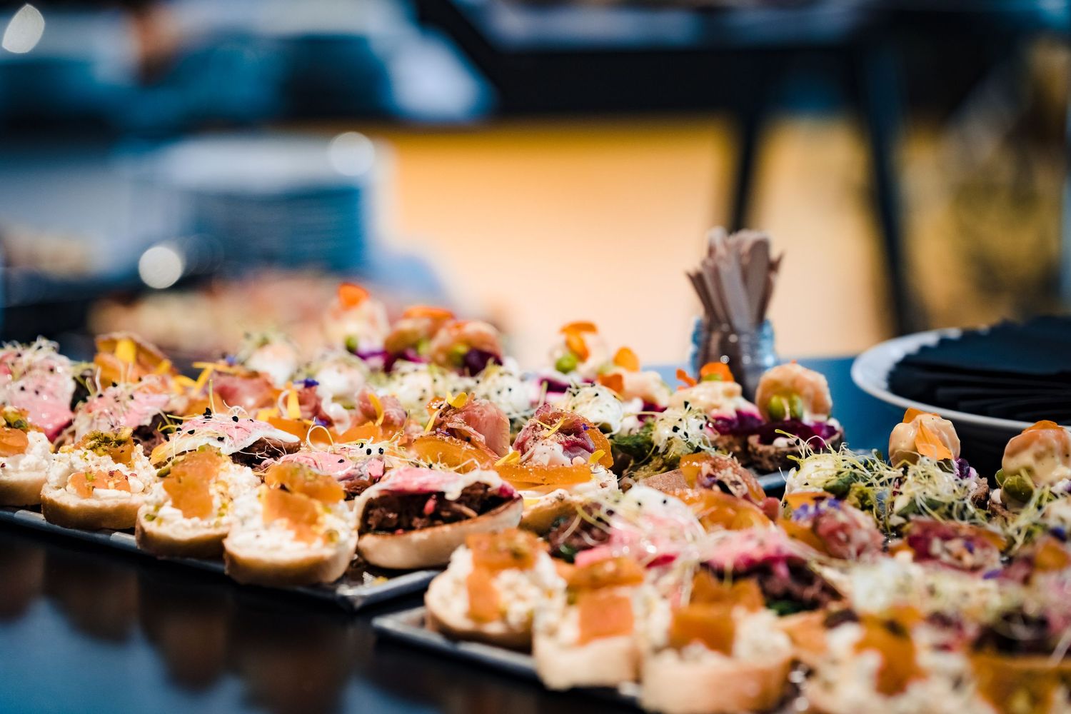 Close-up of a catering platter filled with colorful canapés and open-faced appetizers topped with salmon and fresh garnishes.