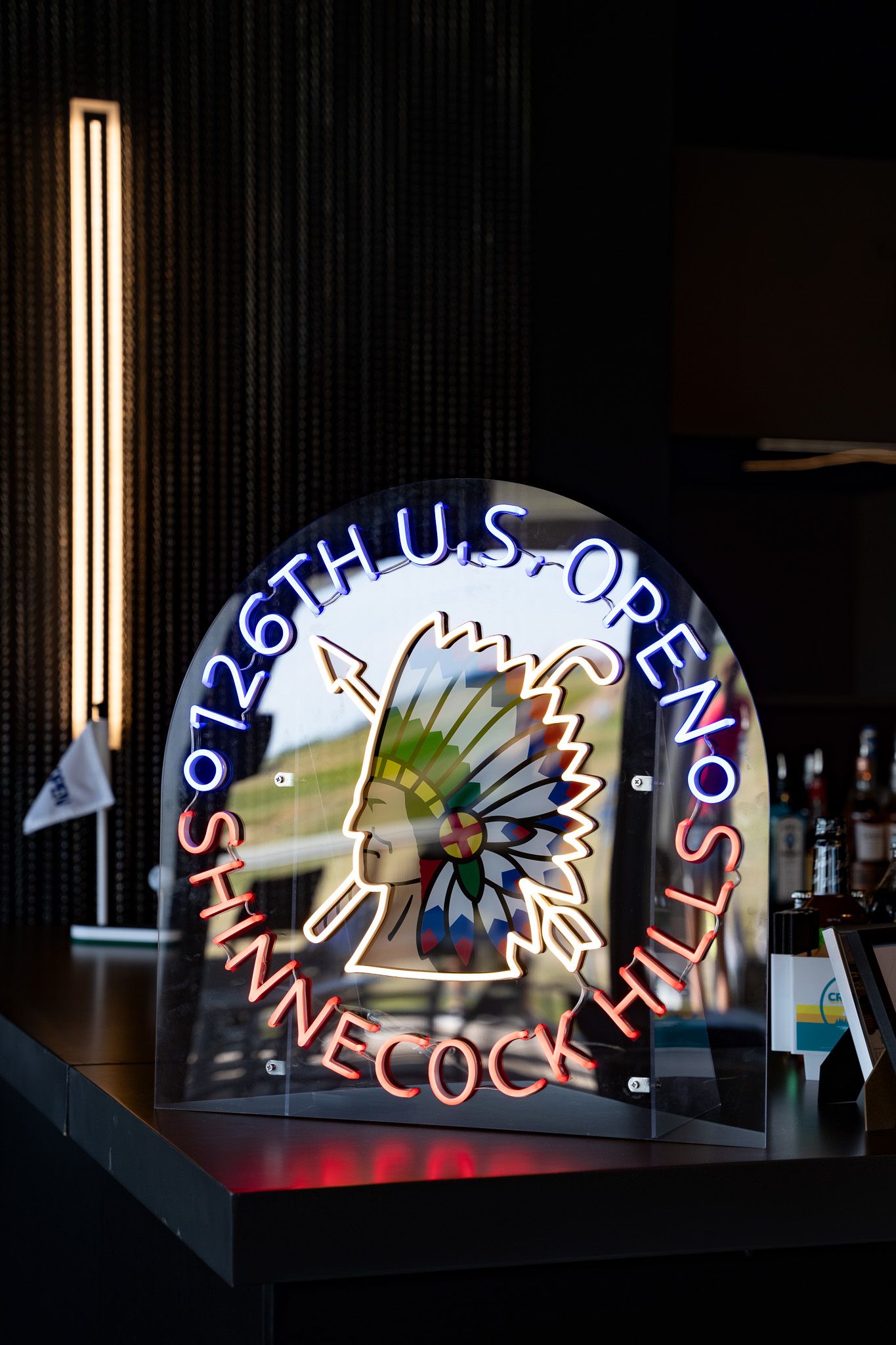 Event photography of a Shinnecock Hills neon sign at a bar during a private party at the U.S. Open Golf Championship in the Hamptons, NY