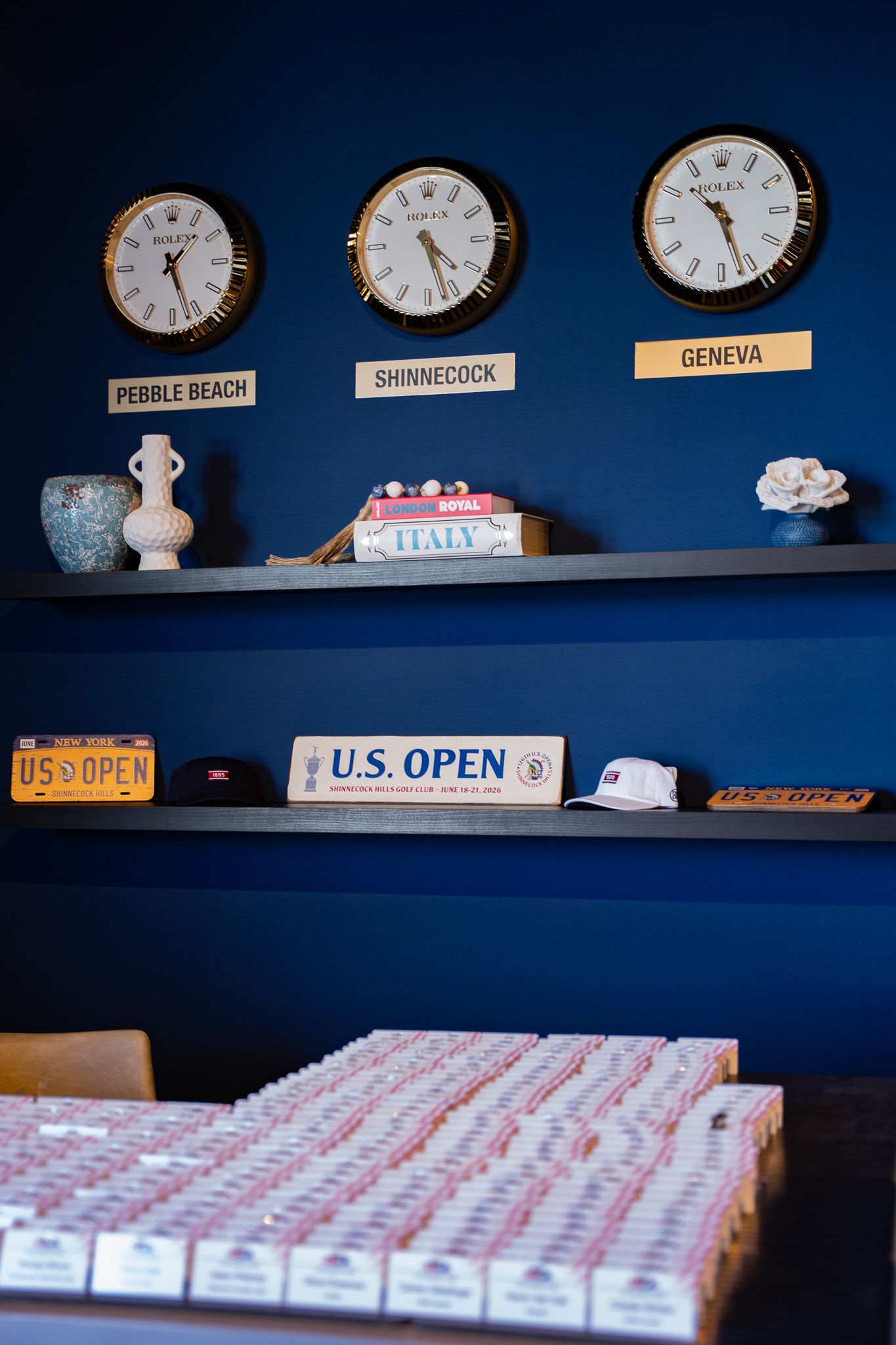 Event photography of a registration table with namecards on a bar in the 1895 Club at the U.S. Open Golf Championship in the Hamptons, NY