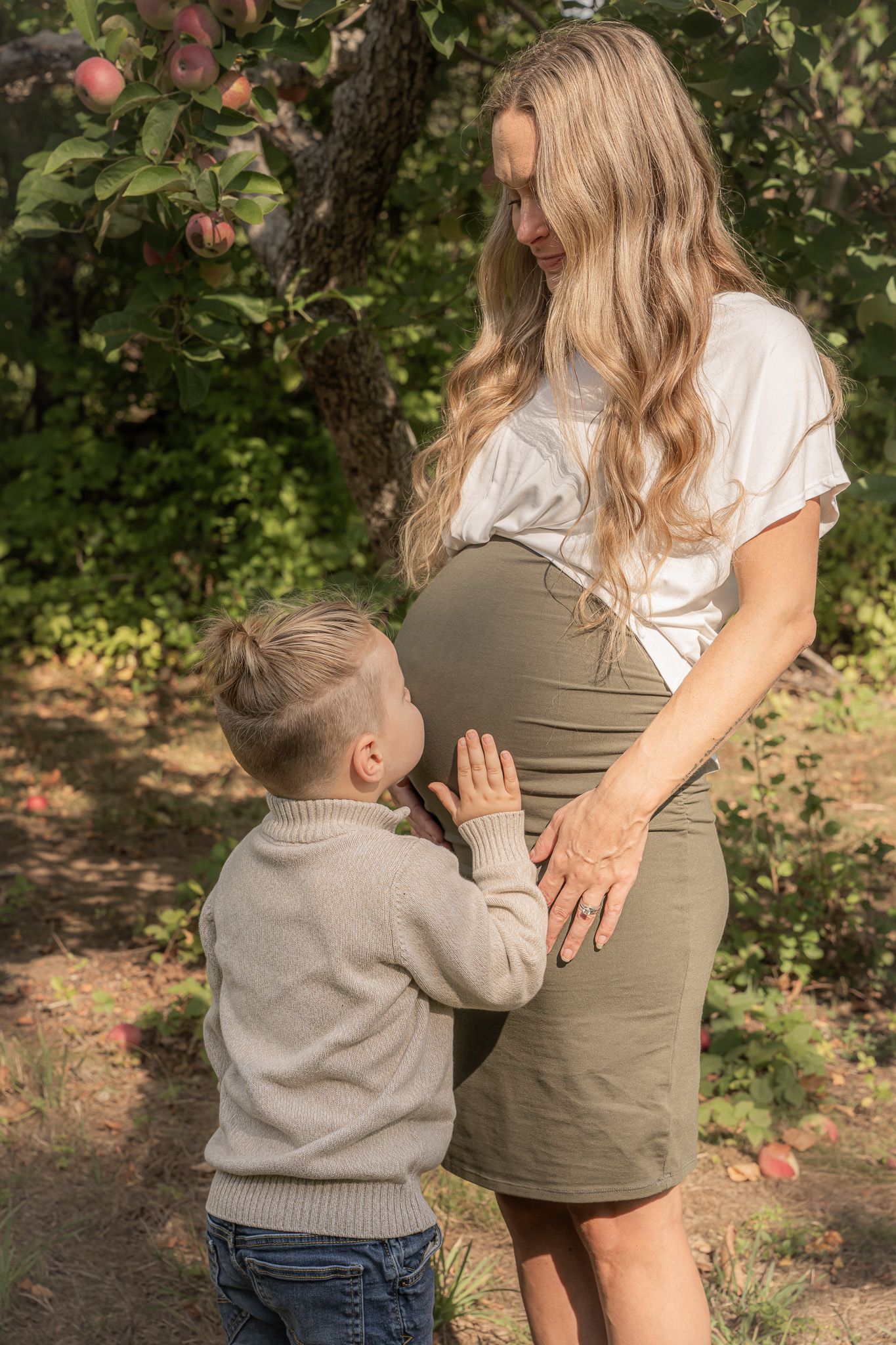 Family portrait of a young son kissing his mom's pregnant belly in an apple orchard at Applecrest Farms in Hampton Falls, New Hampshire