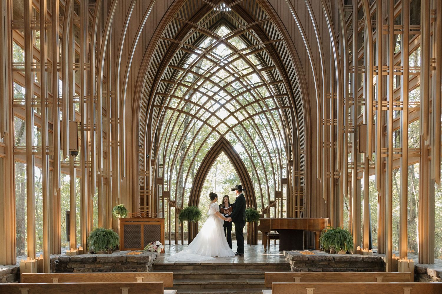 Wide view of Mildred B Cooper, a glass chapel elopement venue in Arkansas.