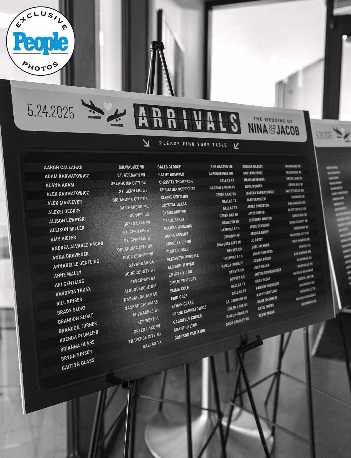 Detail wedding photo showing guests arrival seating chart at aviation themed wedding featured by People Magazine.