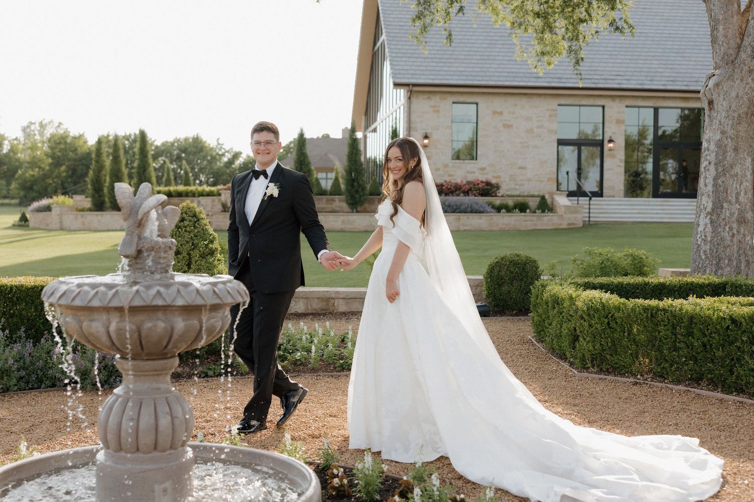 Bride and groom during sunset couples portraits at The Bower in Edmond.
