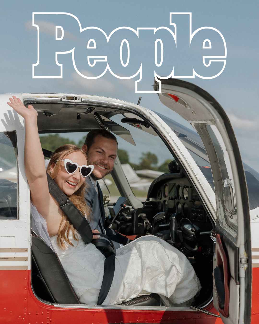 Nina and Jacob, bride and groom, posing inside of their airplane before taking off for their wedding reception in a photo that was in People