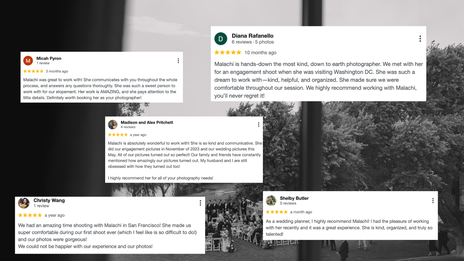 The photo is showcasing multiple glowing five star reviews that were left by previous clients and wedding planners about Malachi Westbrook.