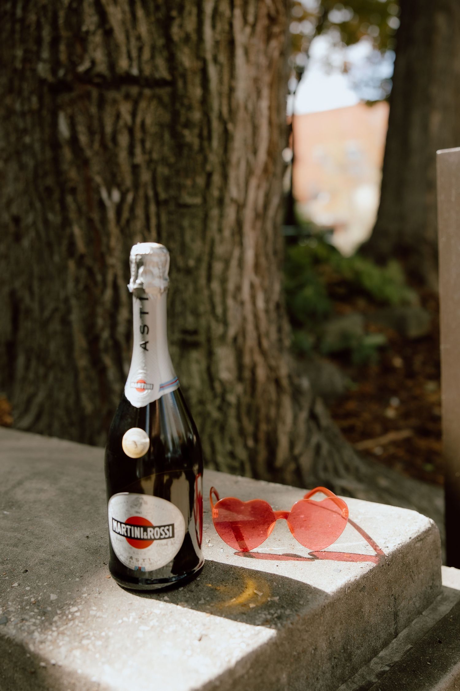 Bottle of champagne and fun heart shaped glasses used for unique couple photos during this couple elopement portraits in downtown NWA.