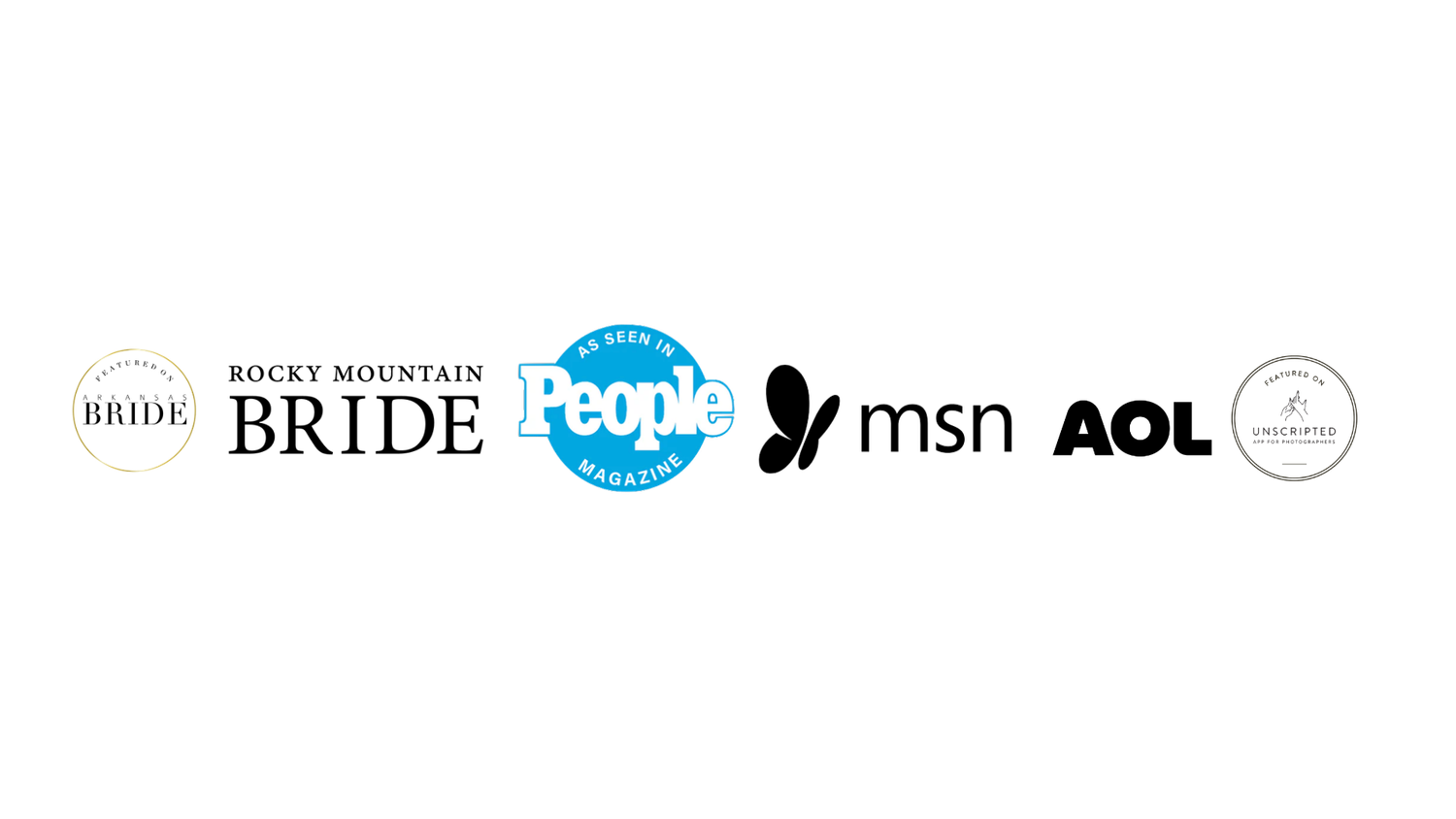 Featured badges showcasing the as seen in magazines: Arkansas Bride, Rocky Mountain Bride, People Magazine, MSN, AOL, and Unscprited.
