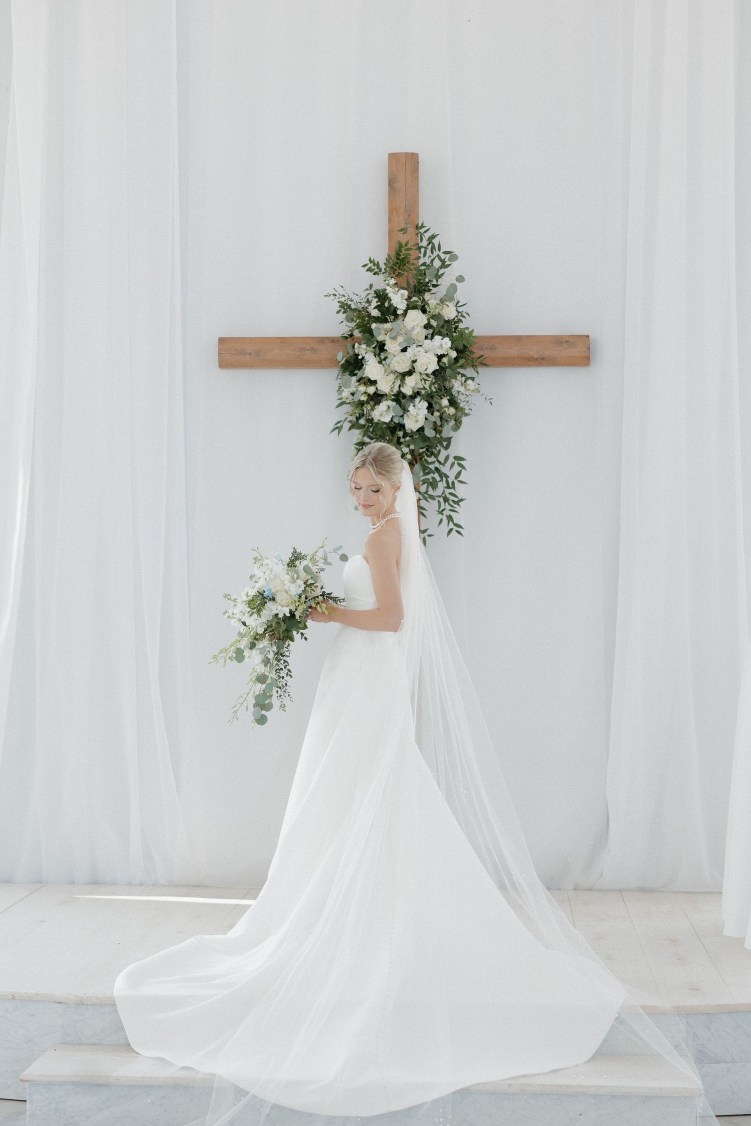Editorial wedding portraits inside chapel at Cold Springs Events Arkansas