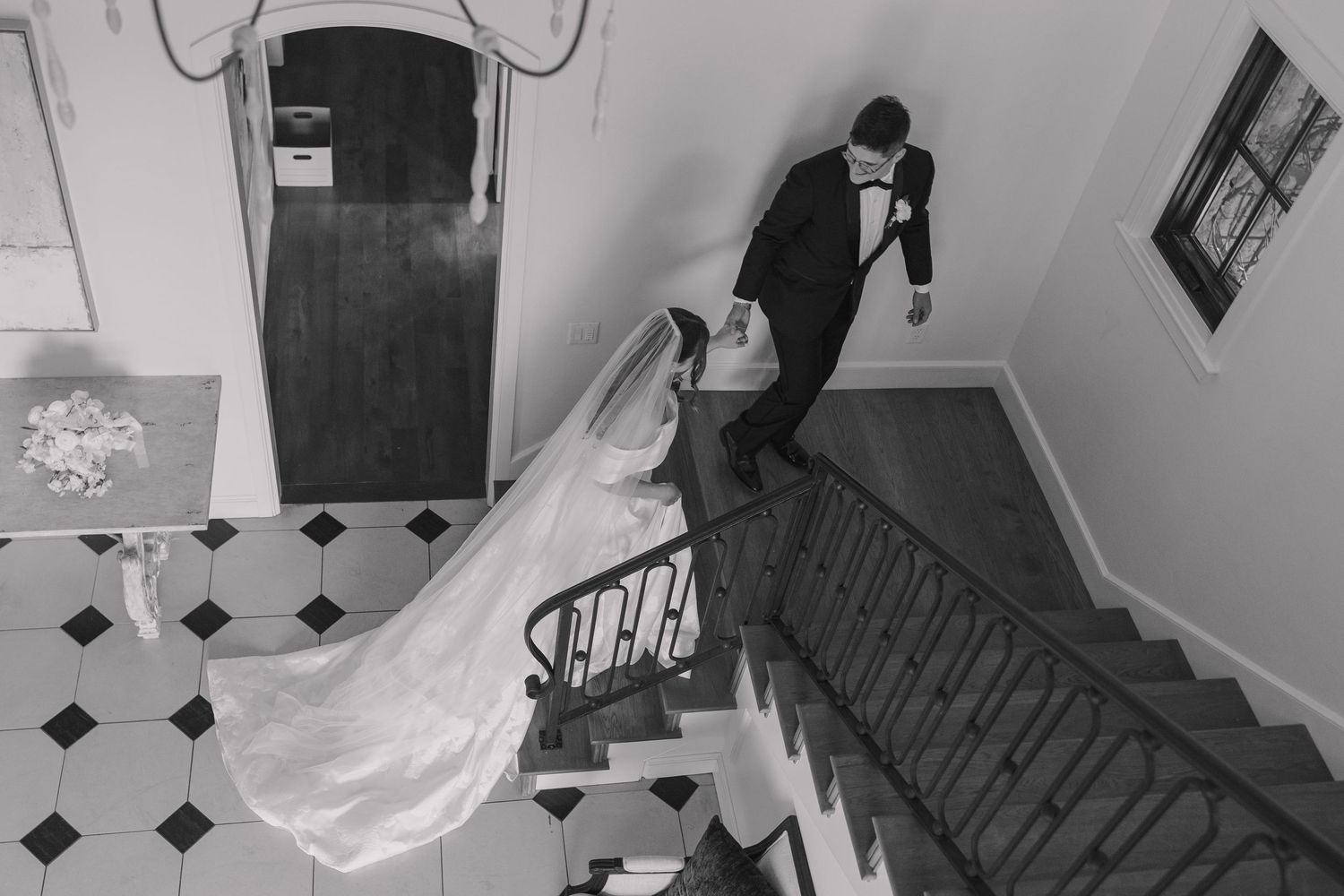 Black and white couples portrait inside The Bower wedding venue.