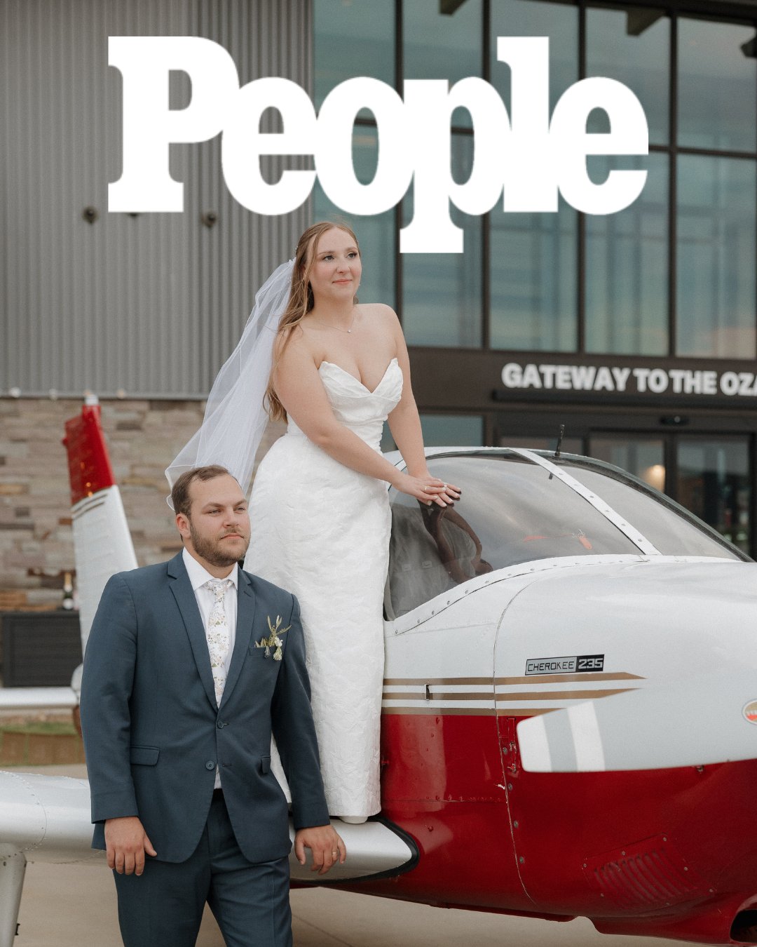 Nina and Jacob as seen in People Magazine posing on their wedding day with airplane in a photo taken by Malachi Westbrook Photography.