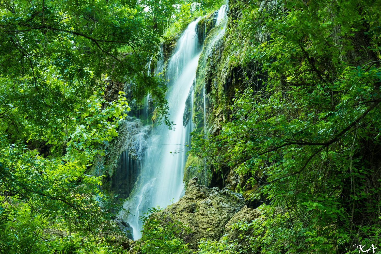 A stunning waterfall cascades down mossy rocks surrounded by lush green forest foliage in a serene natural landscape.